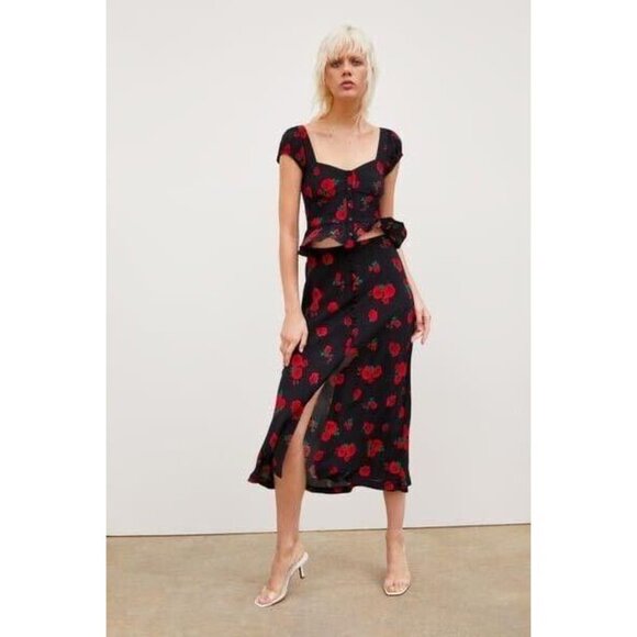 ZARA Black Rose Print Button Front A-Line Midi Slip Skirt, Size XS - Picture 13 of 14